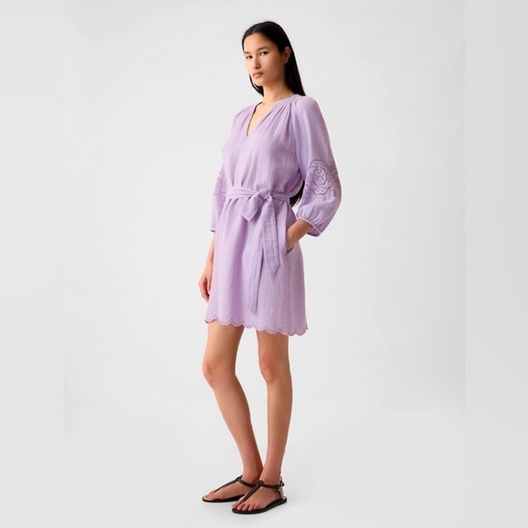 GAP Crinkle Gauze Embroidered Mini Dress Lavender Size Medium - Picture 1 of 5